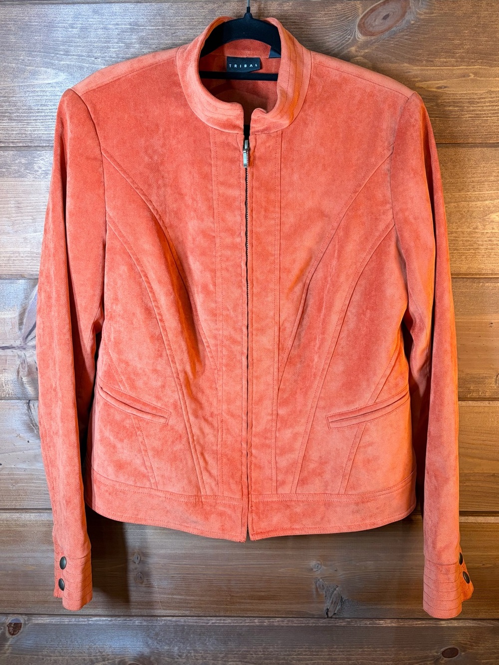 TRIBAL Rust Orange Velour Zip Front Moto Jacket With Shoulder Pads Size 8 🍁